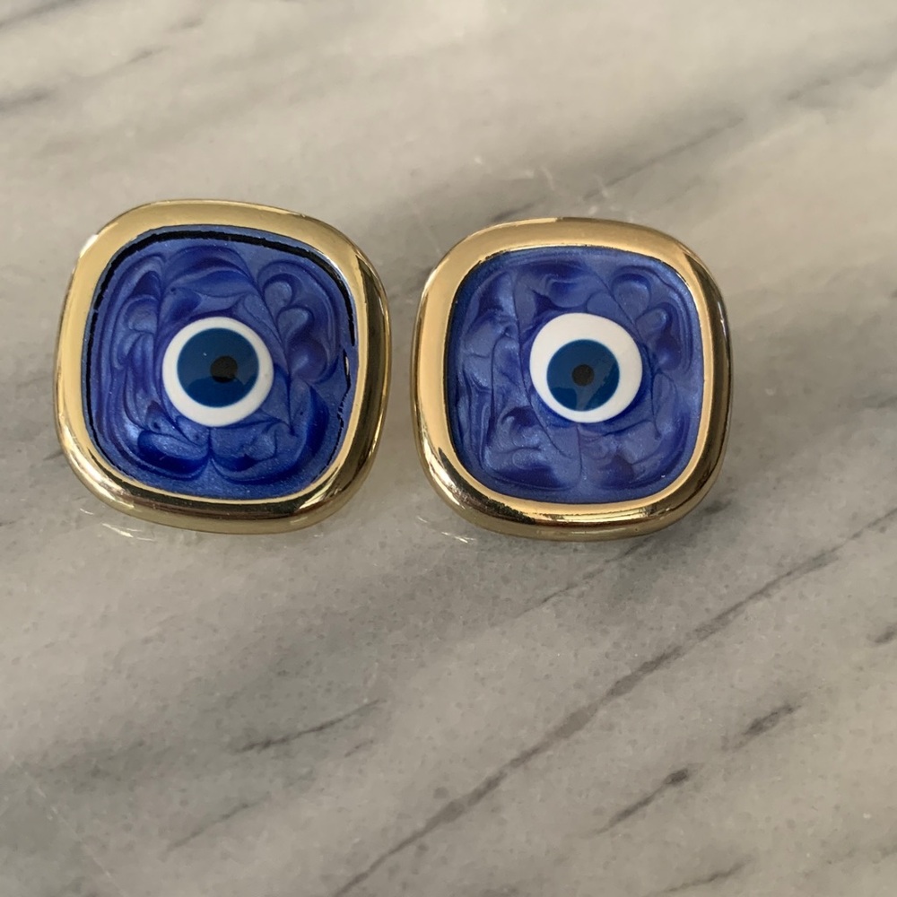 Gold and Blue Evil Eye Large Square Stud Earrings